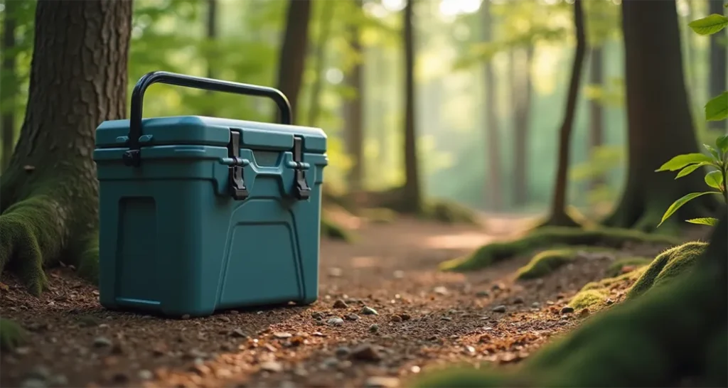 Camping cooler placed in a shaded area to extend ice retention