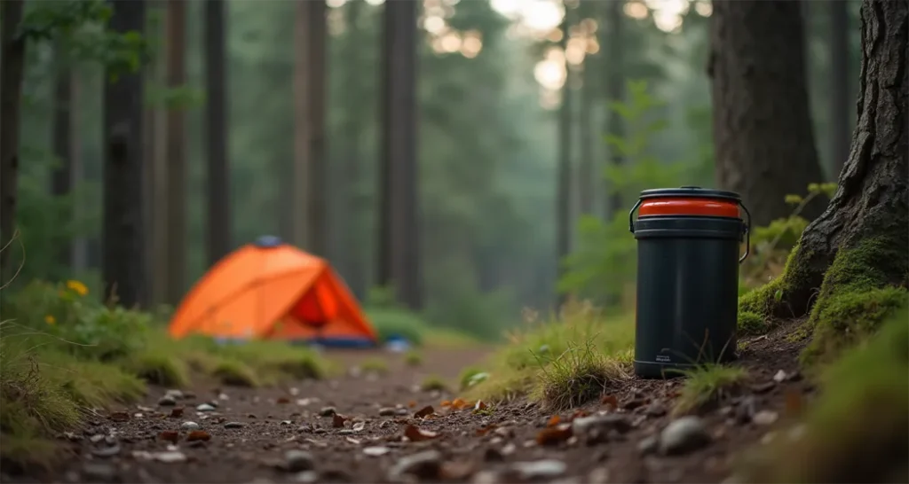 A bear-proof food canister near a tent at a campsite, with a forest backdrop