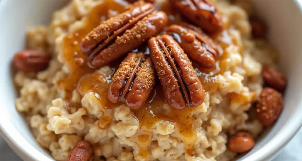 Pumpkin spice overnight oats with pecans and maple syrup