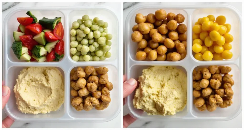 Mediterranean-style snack box with carrot sticks, cucumbers, olives, and lemon-tahini hummus in a divided container