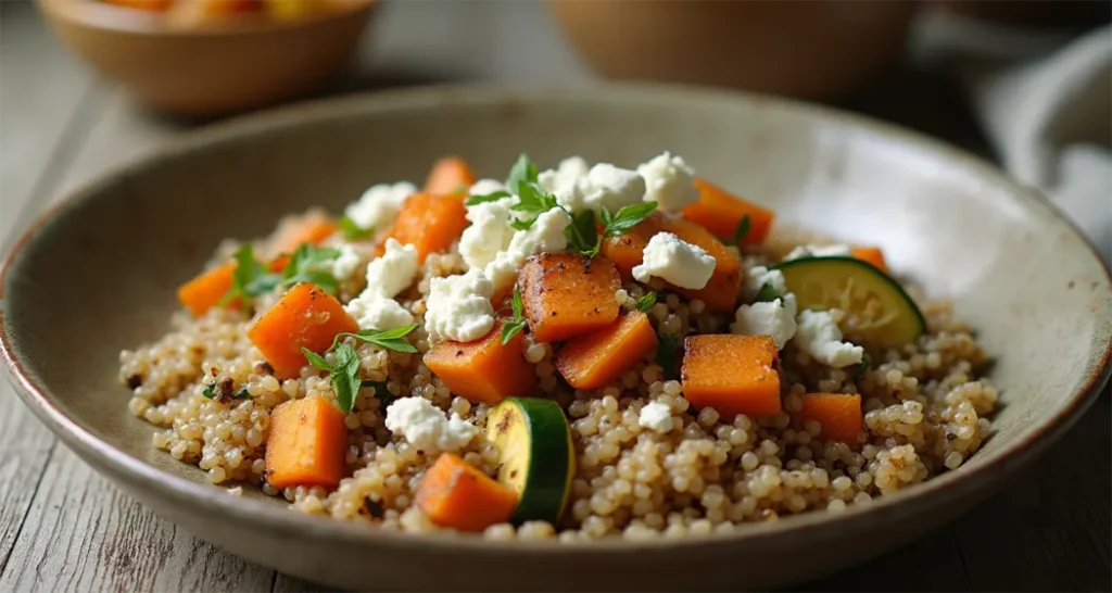 Quinoa bowl with roasted vegetables and feta cheese drizzled with olive oil