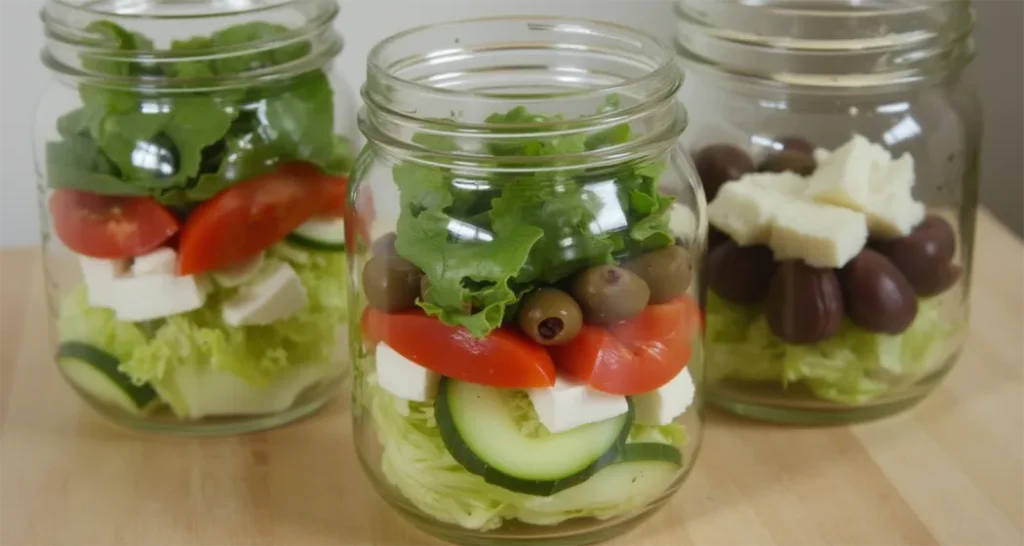 Greek salad in a jar with layers of cucumbers, cherry tomatoes, olives, feta, and romaine lettuce