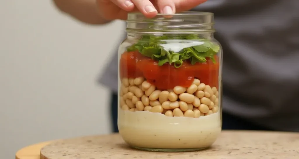 Hands layering salsa, black beans, corn, and rice into a jar for a burrito bowl salad