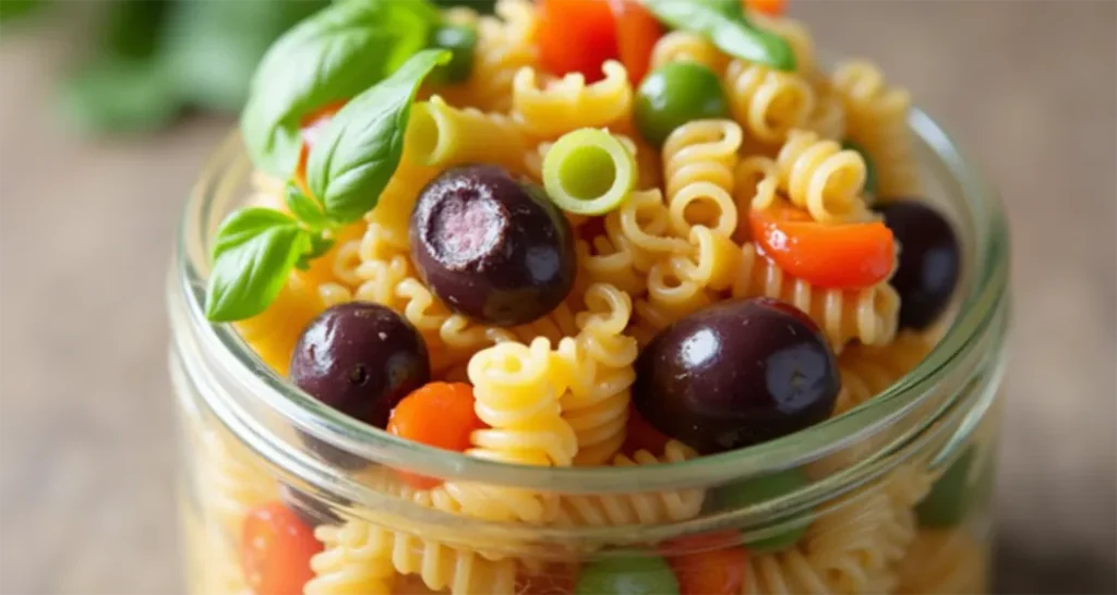 Layered pasta salad in a jar with rotini, diced bell peppers, olives, mozzarella, and basil