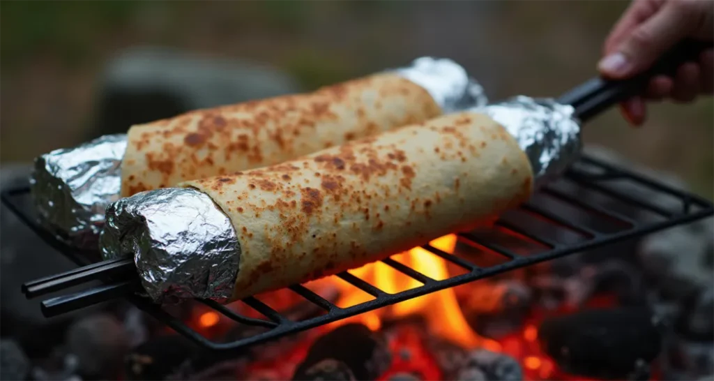 Foil-wrapped make-ahead breakfast burritos being reheated on a campfire grate