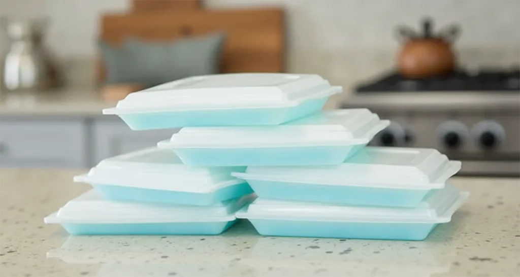 Reusable gel ice packs stacked on a kitchen counter