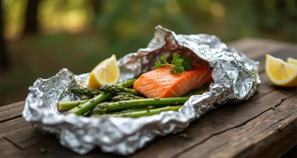 Salmon and asparagus foil pack with garlic and fresh lemon cooked over coals