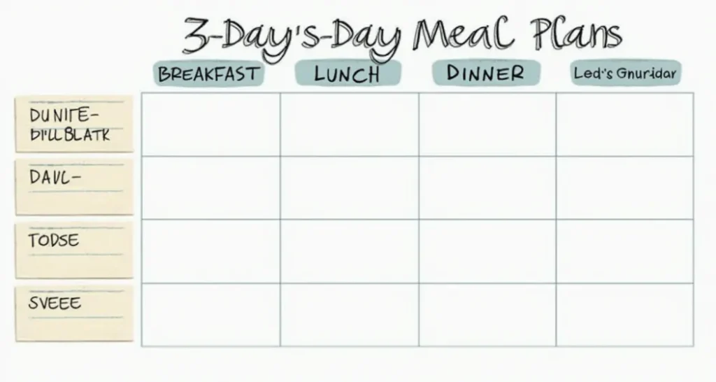 Sample 3-day meal plan with breakfast, lunch, dinner, and snack options for each day