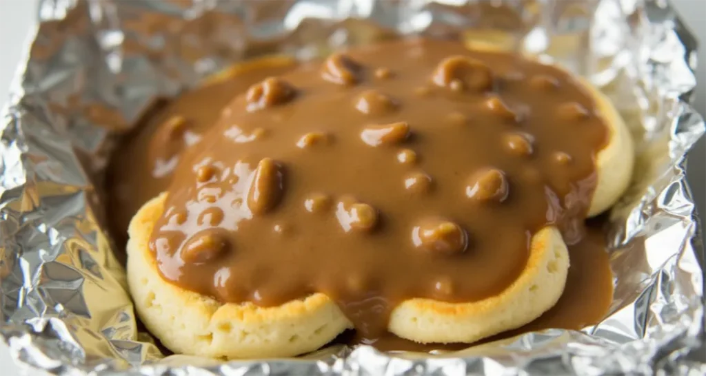 Sausage and gravy breakfast foil packet with biscuits, fresh off the campfire