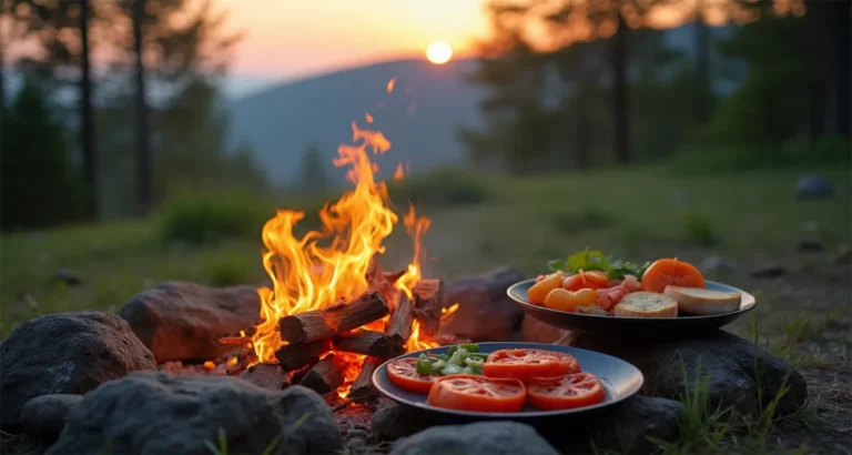 Scenic campsite with campfire and healthy, high-protein meals on a table under the stars