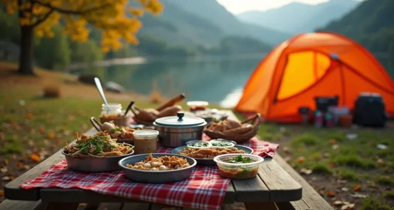 Scenic campsite with make-ahead camping meals and cooking supplies on a picnic table