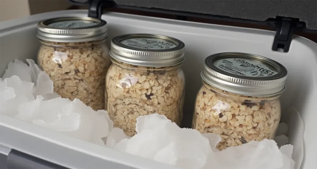 Mason jars of overnight oats stored in a cooler with ice packs, ready to chill overnight