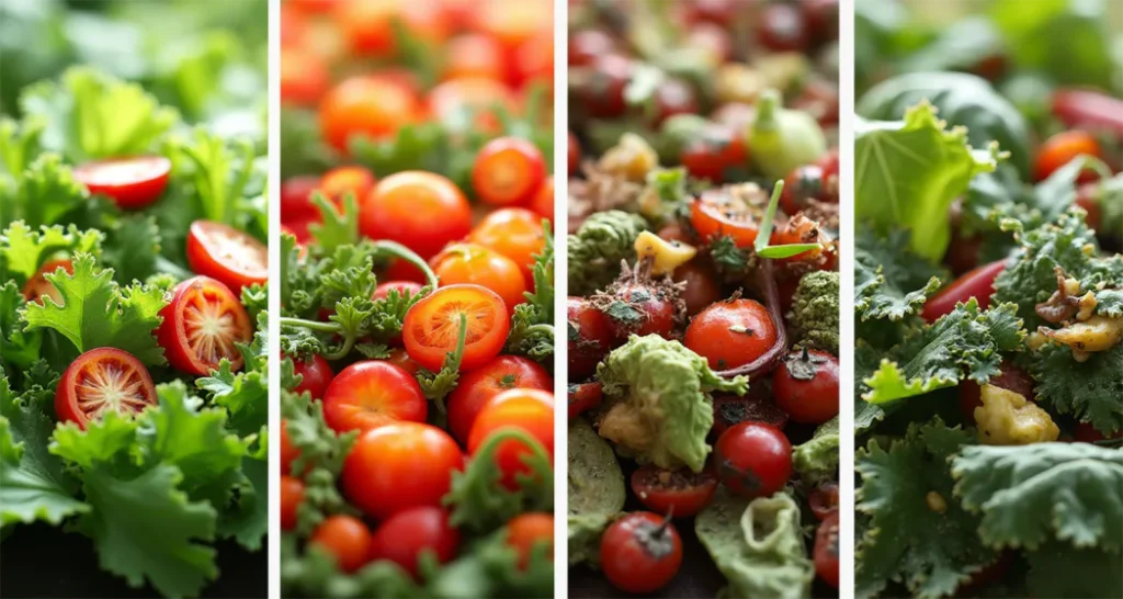 Collage of seasonal veggie salads for camping: spring asparagus, summer corn, fall roasted beet, and winter kale