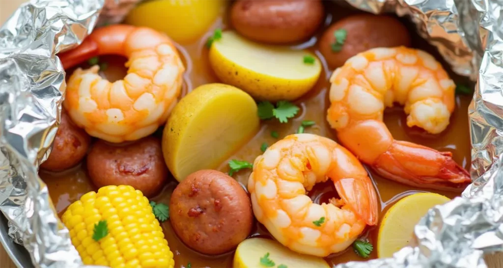 Unwrapped Shrimp Boil Foil Packet with shrimp, corn, sausage, and potatoes garnished with parsley