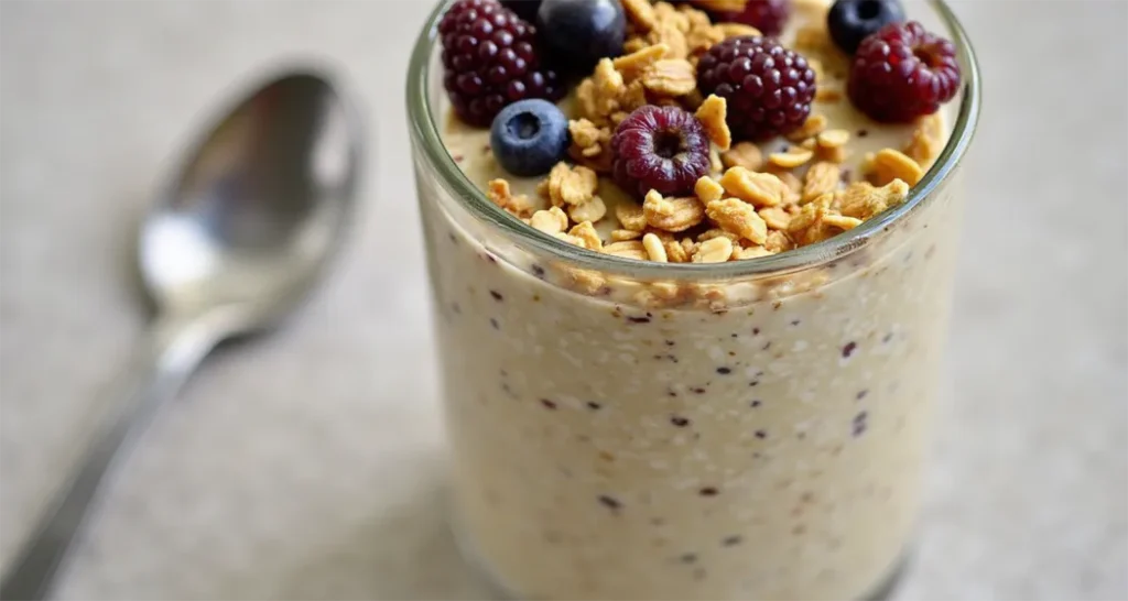 Prepared overnight oats with fresh berries, granola, and nuts served in a mason jar for breakfast