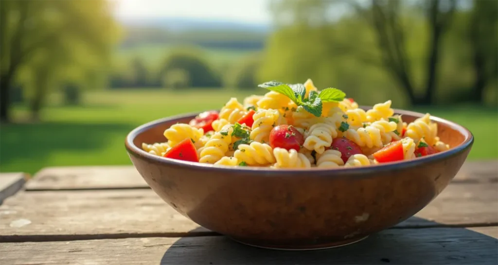 Pasta salad served at a campsite with grilled vegetables, fresh herbs, and Parmesan cheese.