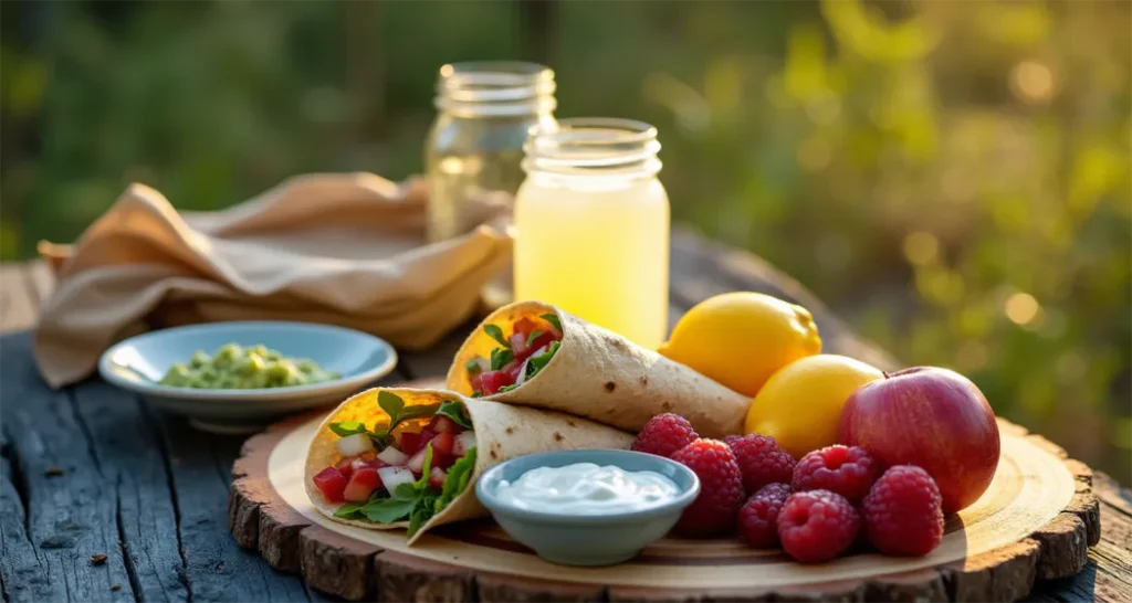 Camping meal setup with wraps, fresh fruit, guacamole, tzatziki, and lemonade on a picnic table