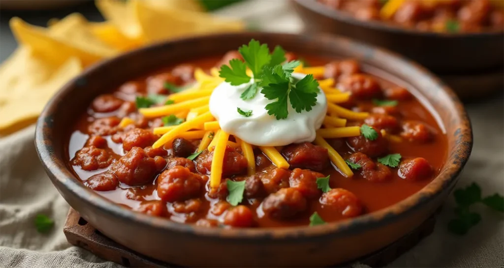 Camping chili served with tortilla chips and toppings" and "Chili stored in an airtight container for camping