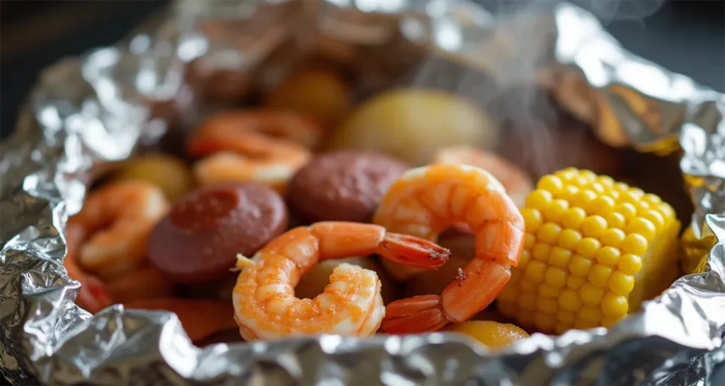 Easy Camping Meals :Shrimp boil foil pack with shrimp, corn, potatoes, and sausage, seasoned and cooked over a campfire