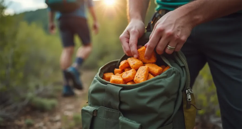 Snacks and Quick Bites : A hiker on a trail break enjoying snacks pulled from a backpack