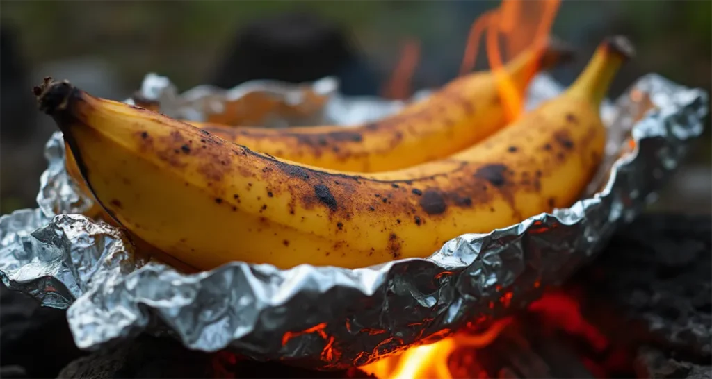 Campfire banana boat with chocolate chips and marshmallows roasting in foil