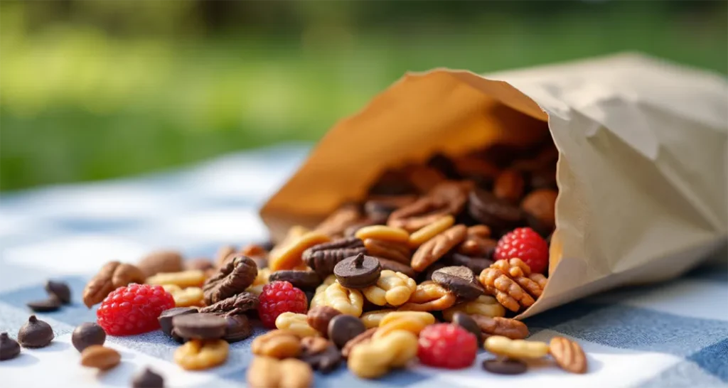 DIY trail mix with nuts, dried fruit, and chocolate chips prepared for camping