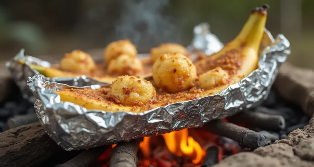 Campfire banana boats stuffed with marshmallows and chocolate chips in foil