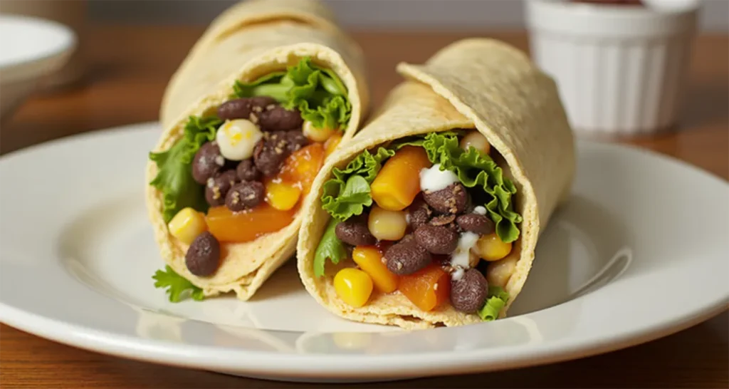 Southwest-style No-Cook Hummus and Veggie Wrap with black beans and corn