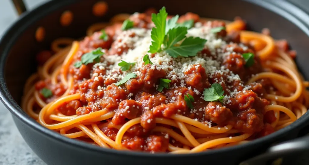 One-pot spaghetti with meat sauce, garnished with Parmesan cheese and fresh parsley