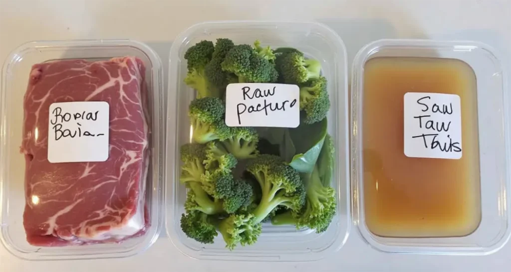 Organized camping food containers with raw meat, fresh produce, and sauces labeled and sealed