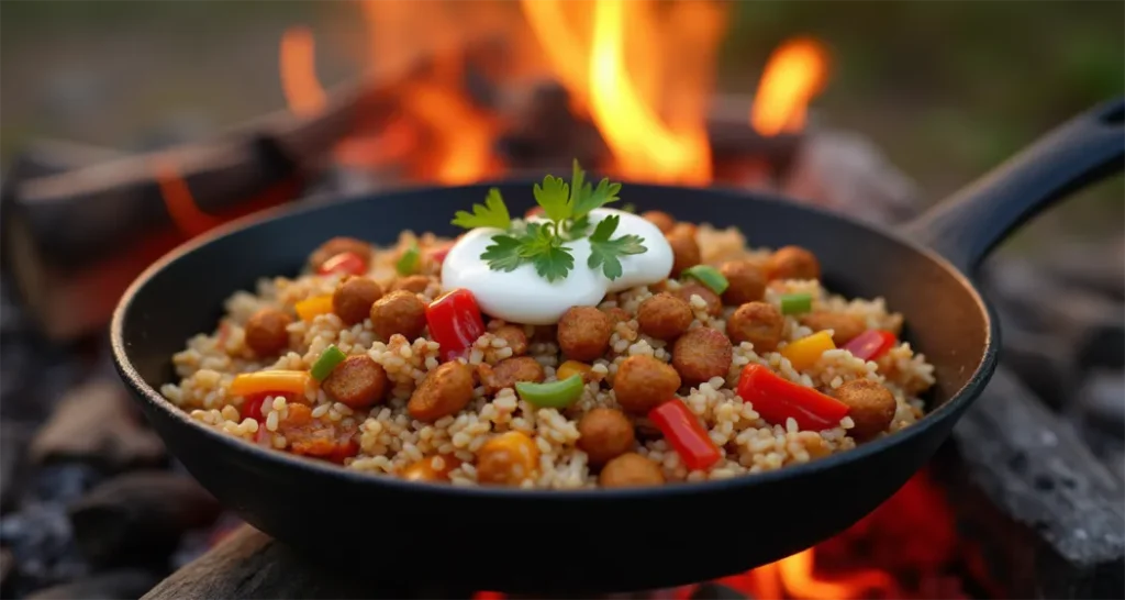 Spicy chorizo and rice skillet with bell peppers and sour cream, cooked over a camping fire