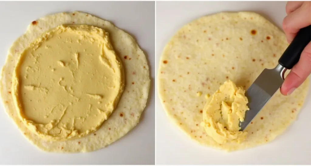 Spreading hummus evenly on a tortilla for No Cook Hummus and Veggie Wraps