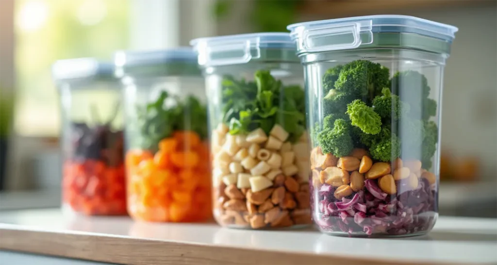 Airtight containers holding prepped ingredients.