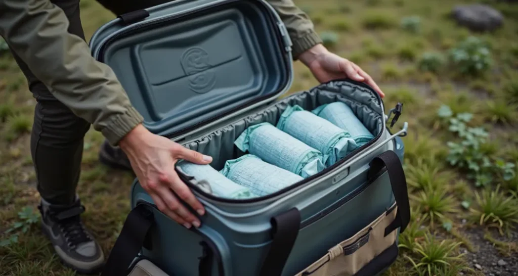 showing the correct way to pack a cooler with ice packs and temperature guidelines