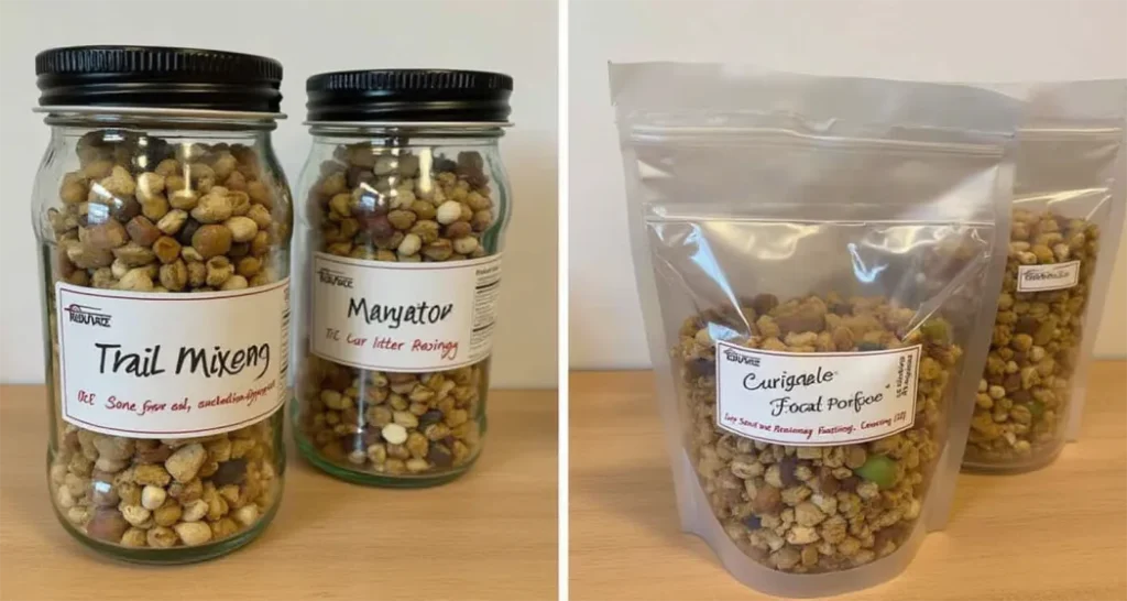 stored in labeled glass jars and resealable bags for freshness