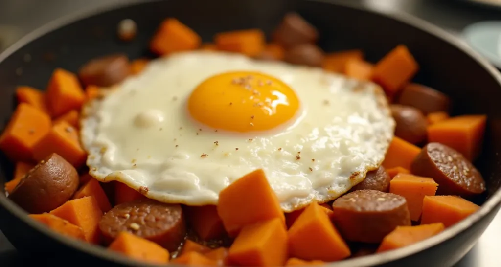 Sweet potato breakfast hash with sausage and a fried egg in a cast-iron skillet