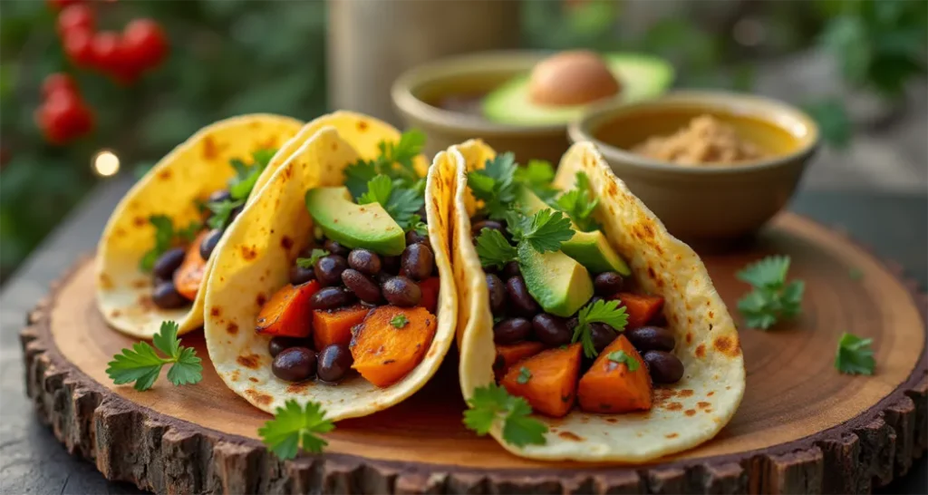 Sweet potato and black bean tacos garnished with salsa and fresh cilantro