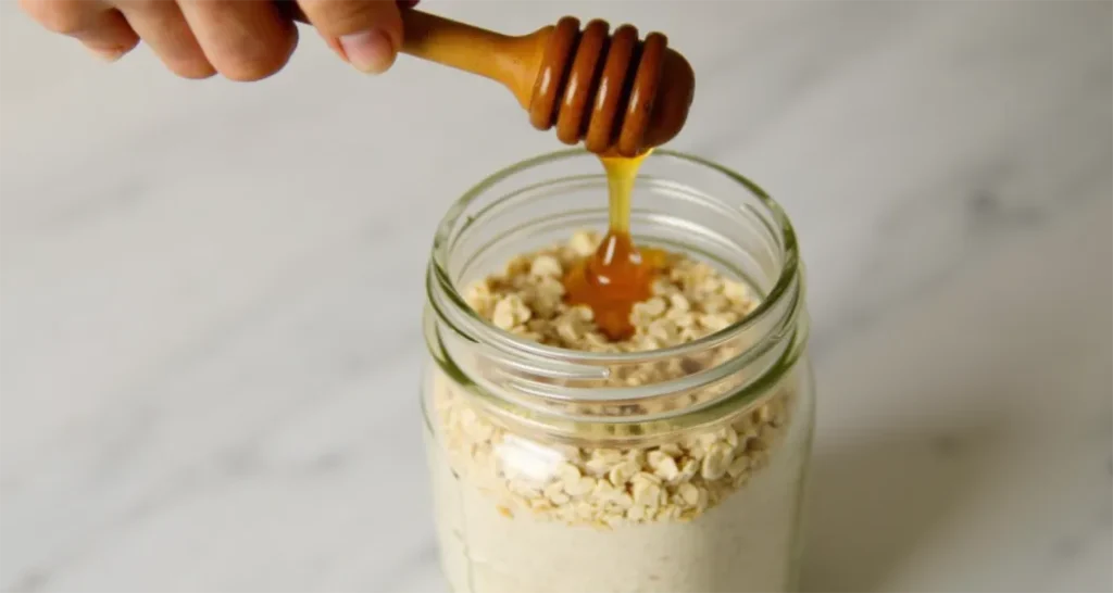 Drizzling honey into a mason jar with oats, milk, and chia seeds