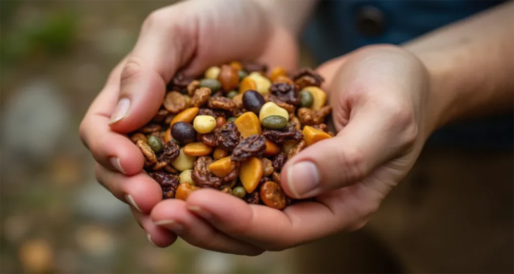 Person sampling a handful of trail mix to check flavor and texture