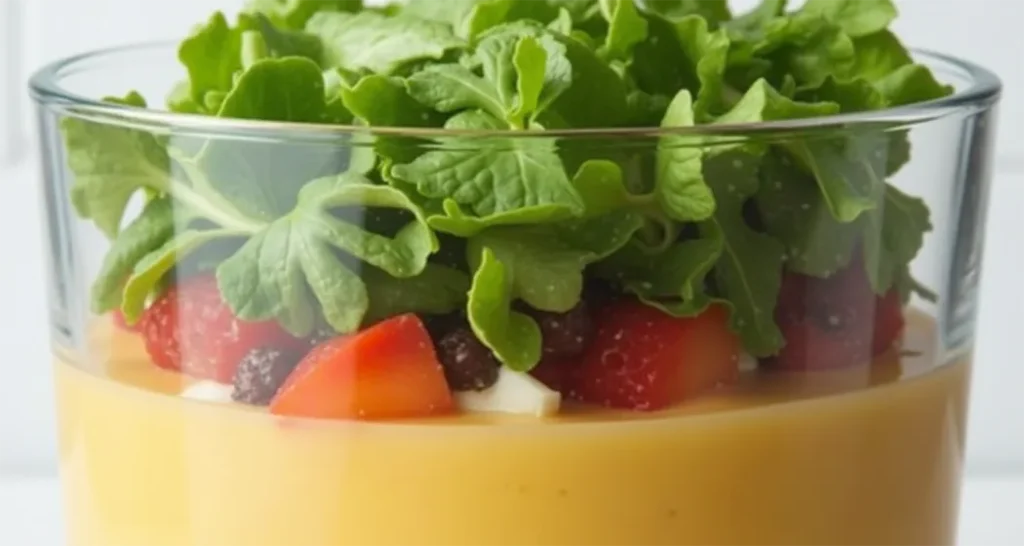 layered salad showing dressing at the bottom and greens at the top