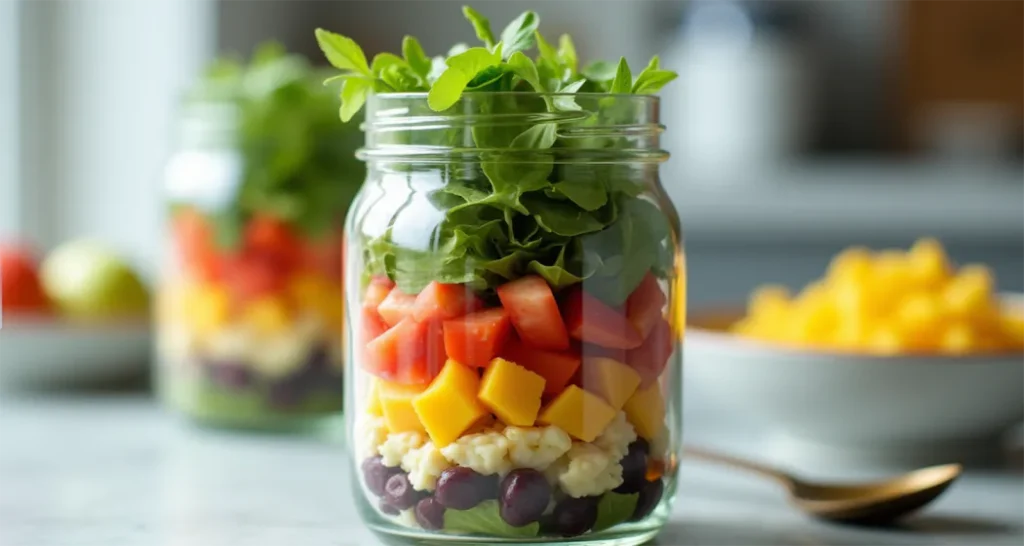 Close-up of a layered salad in a glass jar with visible dressing, vegetables, grains, and greens