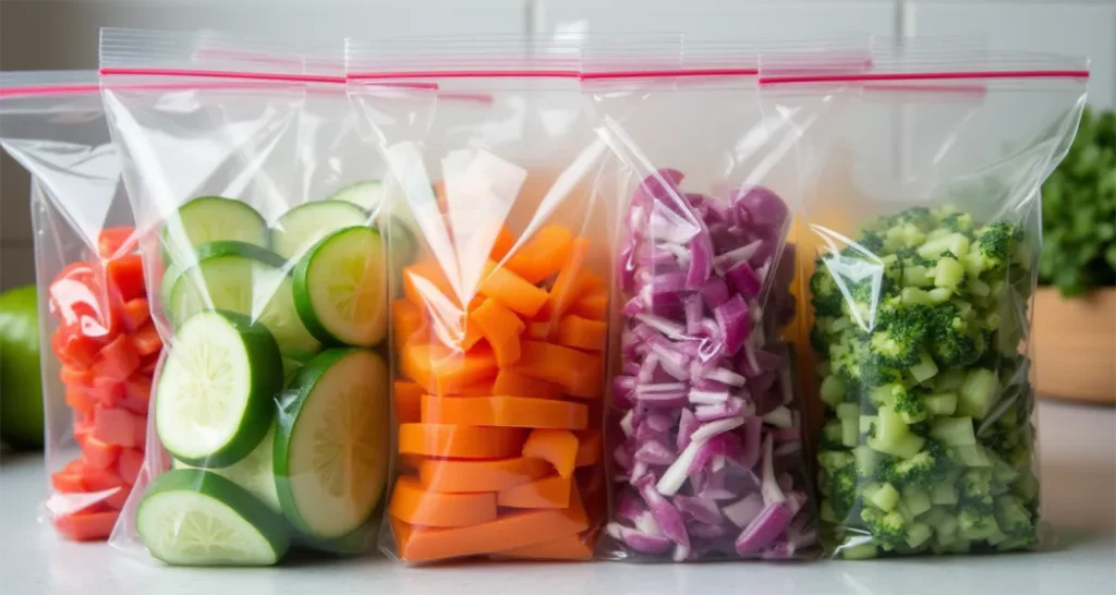 Pre-chopped vegetables stored in labeled resealable bags for camping