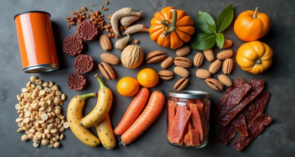 Compact, lightweight foods including dried fruits, jerky, and canned goods