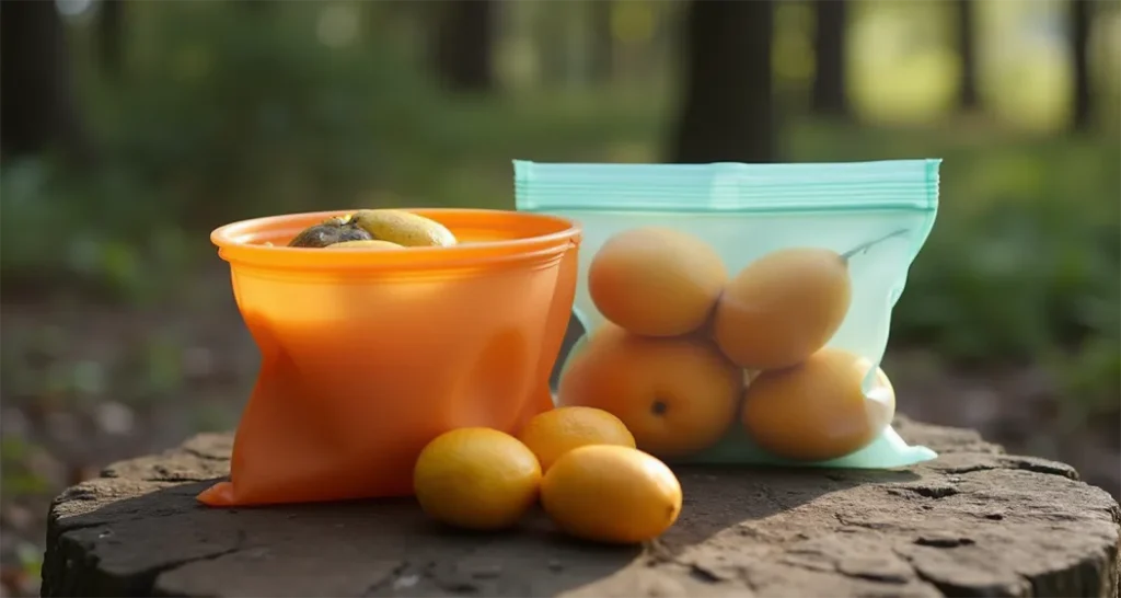 Stasher silicone bag filled with fresh fruit for camping