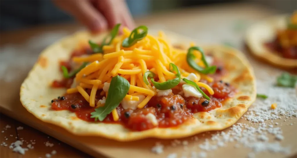 A tortilla being filled with shredded cheese and diced vegetables before folding