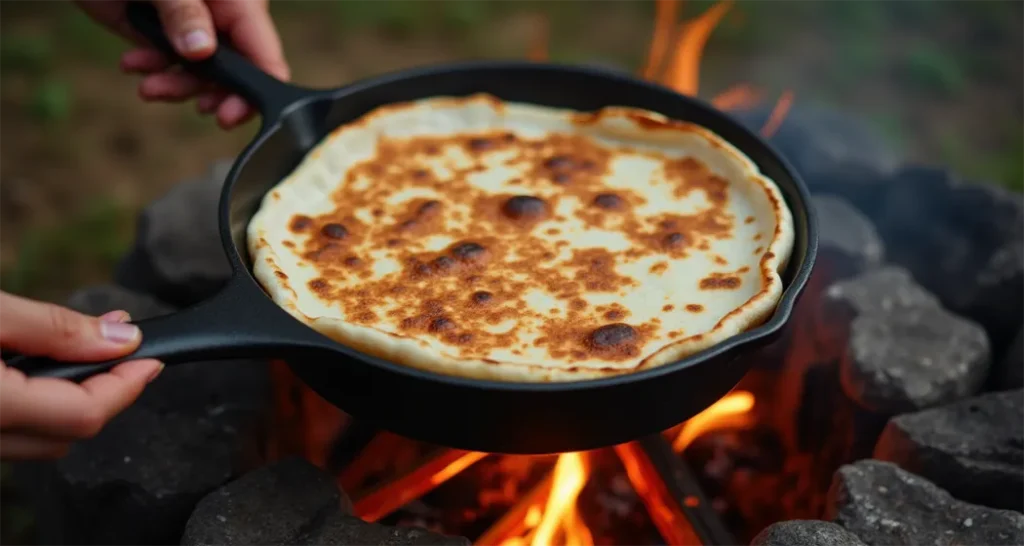 quesadilla being flipped in a skillet or pie iron over a campfire