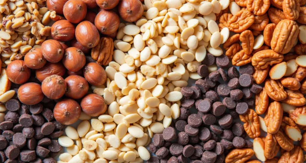 Flat lay of trail mix ingredients, including almonds, raisins, and sunflower seeds