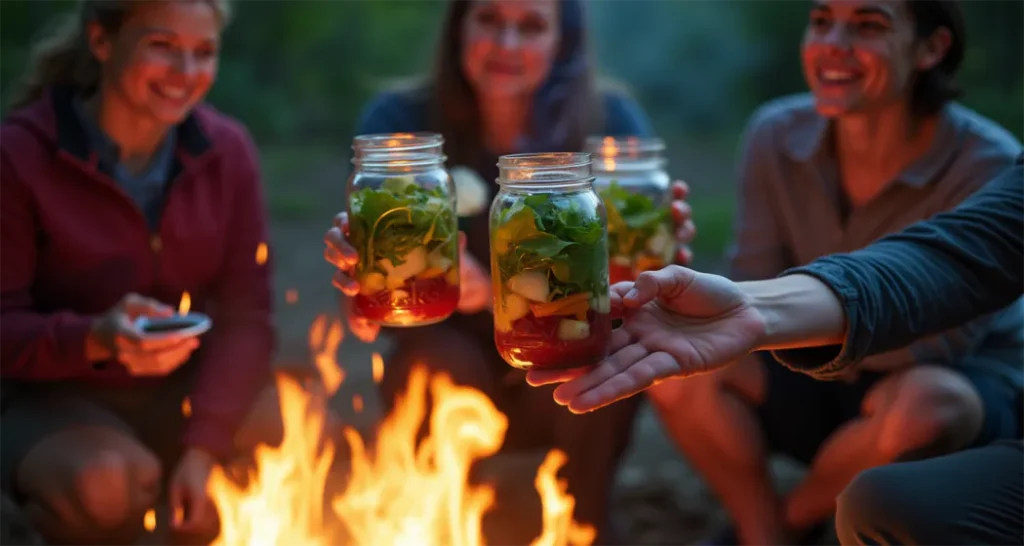 Campers enjoying layered salads from jars around a campfire.