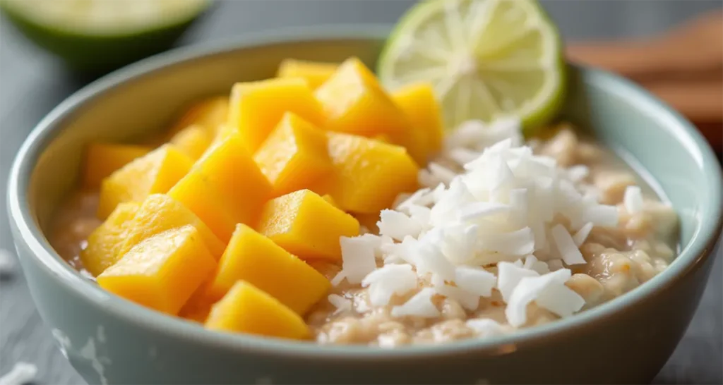 Tropical overnight oats with diced mango, pineapple, shredded coconut, and lime