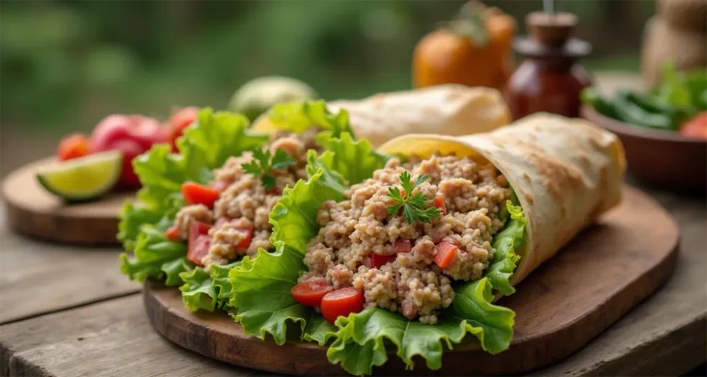 Tuna salad wrap made with mayo, mustard, and fresh lettuce